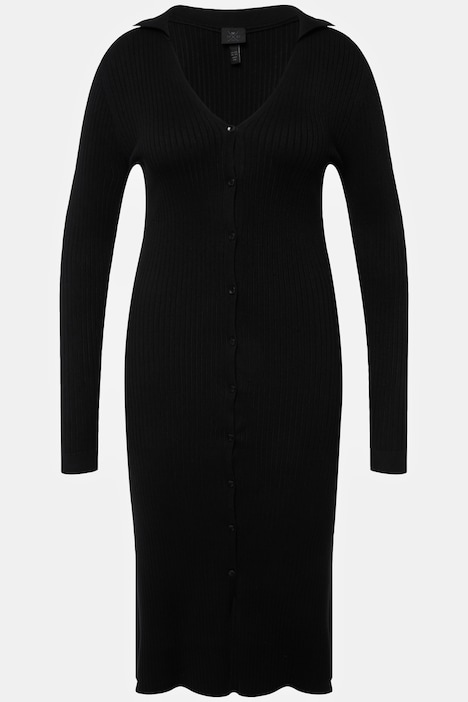 Strick-Midikleid, Hemdkragen, V-Ausschnitt, Langarm