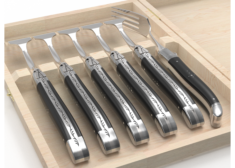 Service de 6 fourchettes Laguiole avec un manche en bois d'ébène et mitres en acier inoxydable