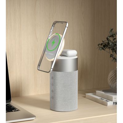 Force Play - Double chargeur sans fil (15W + 5W) Compatible MagSafe + Enceinte Bluetooth Silver