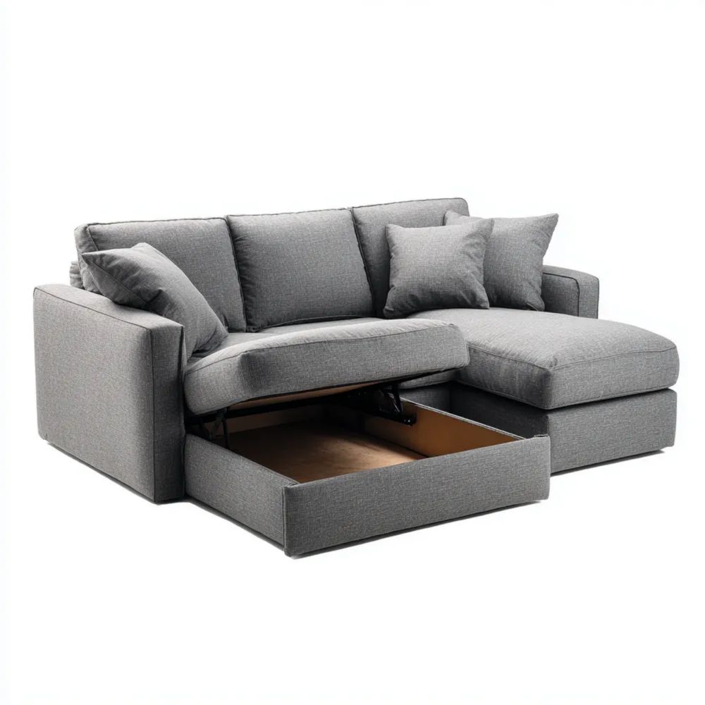 Ecksofa Stoff-Polsterung 250x150x85 cm – Hellgrau – mit Stauraum