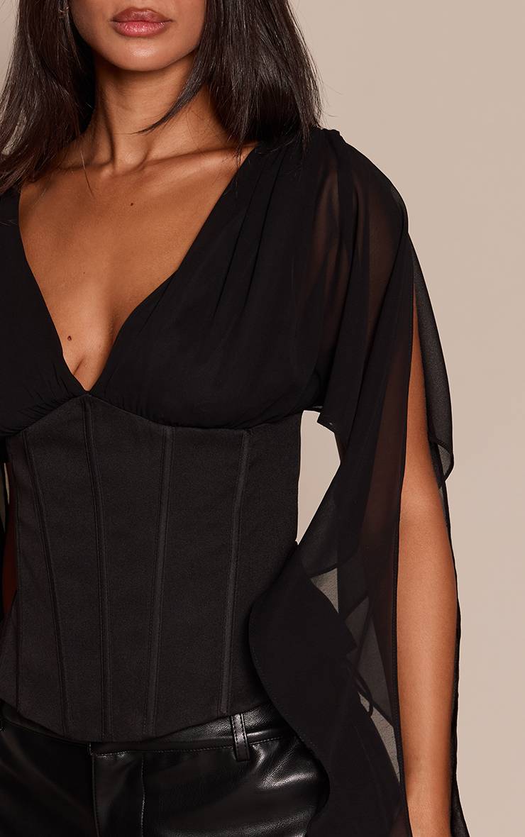 Noir Haut Petite En Mousseline À Manches Drapées Et Taille Corset