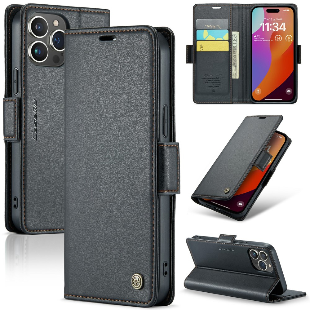 iPhone 16 Pro Leder Tasche Flip Wallet Etui mit Kartenfächern Litchi Look (RFID Schutz) - Schwarz
