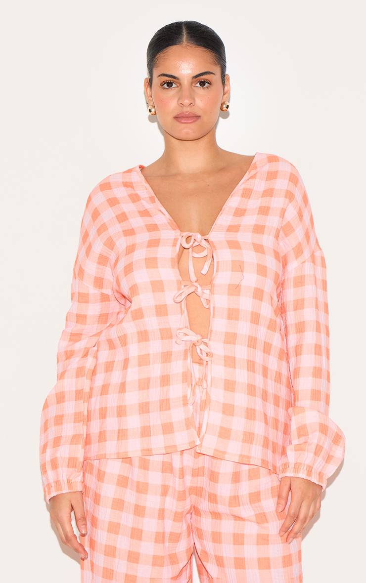 Orange Ensemble Coordonné Chemise À Carreaux En Étamine Orange Avec Nœud Devant Et Manches Longues