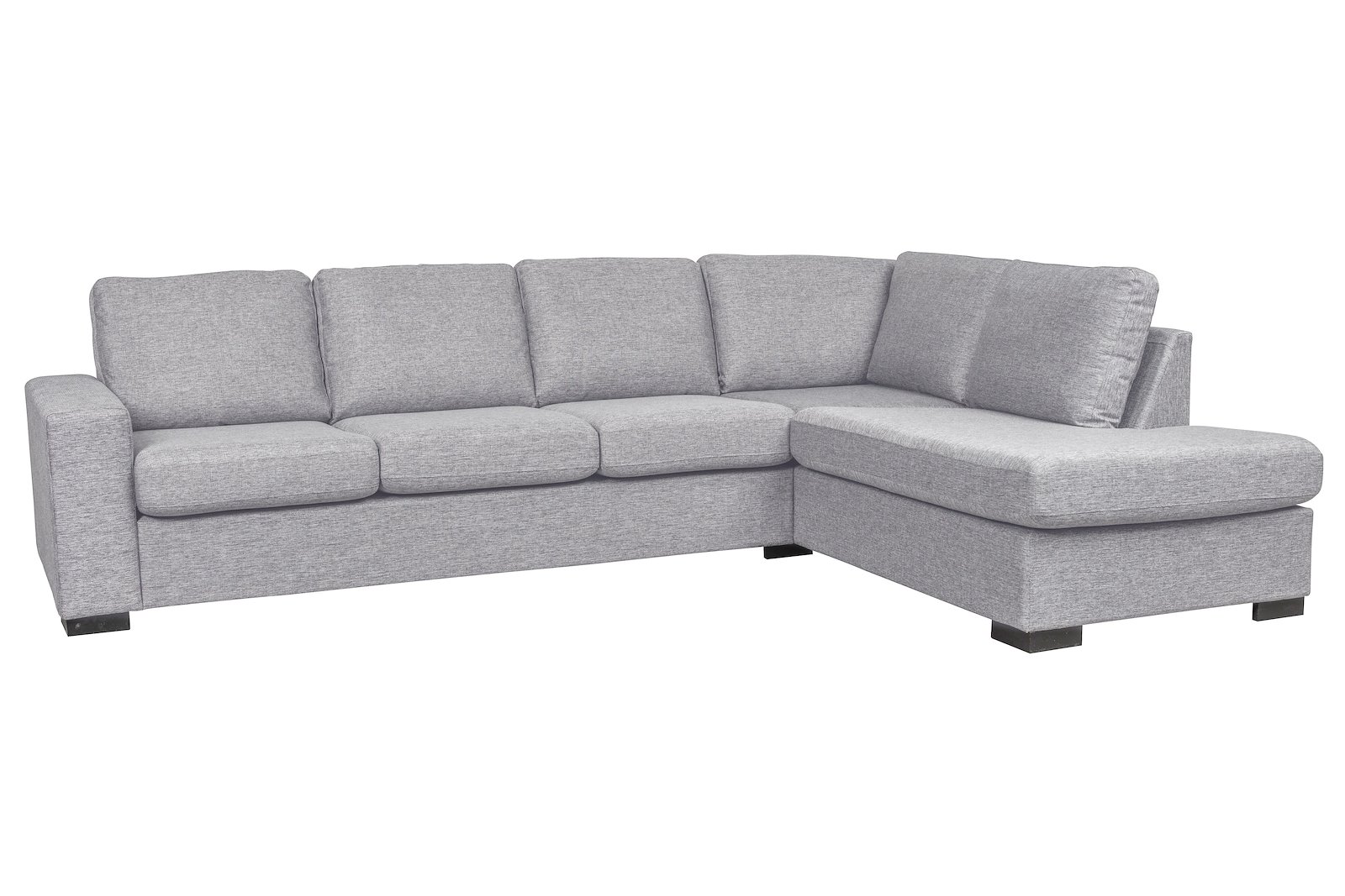 Max sofa 3-seter med hjørne og åpen ende høyre i tekstil Rocco 281 mørk grå og med sorte ben