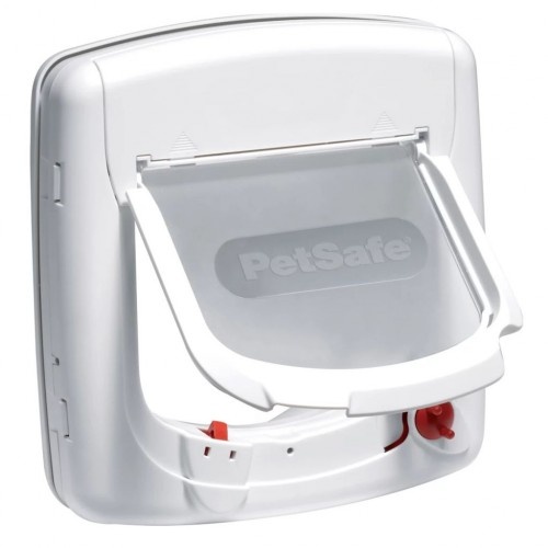 Porta para gatos branca com acesso por infravermelho.