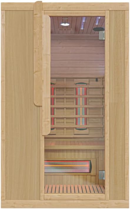 Infrarotkabine 2 Personen | Hemlockholz natur | 125x105x200cm | Ganzglastür Klarglas | Redlight & Mica-Heizung 2,05kW | Fronteinstieg | Wärmekabine für Zuhause | MP3 & Becherhalter