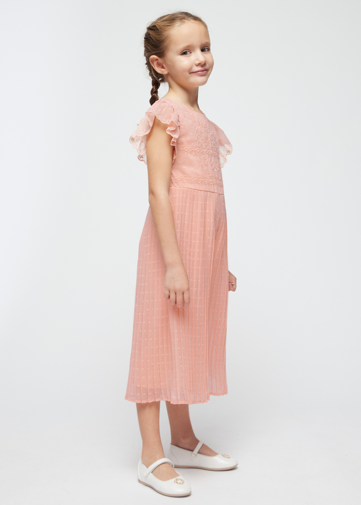 Macacão nude de chiffon com estampa de bolinhas para meninas