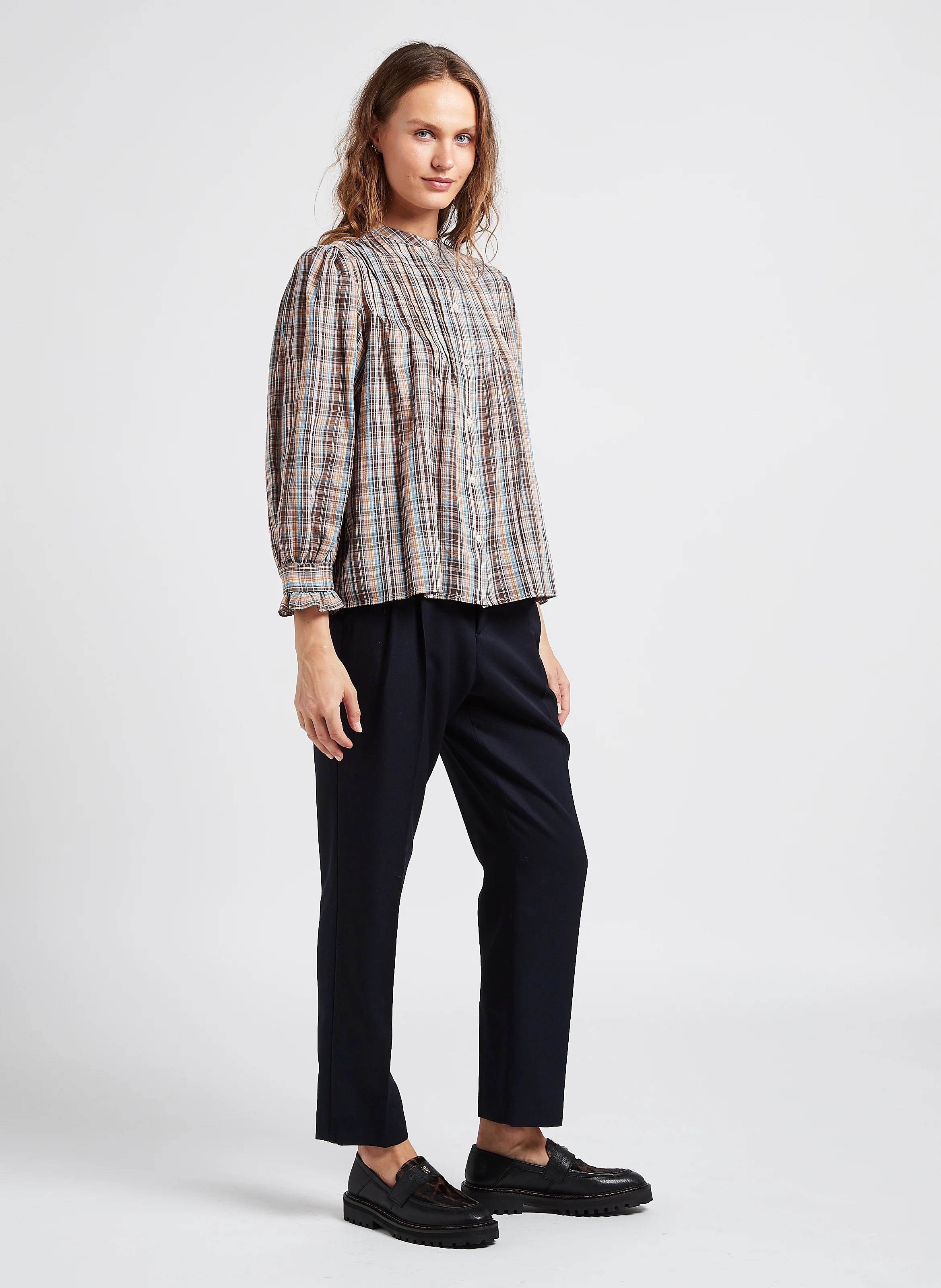 ELBERT - Chemise droite col rond en coton imprimé | Marron