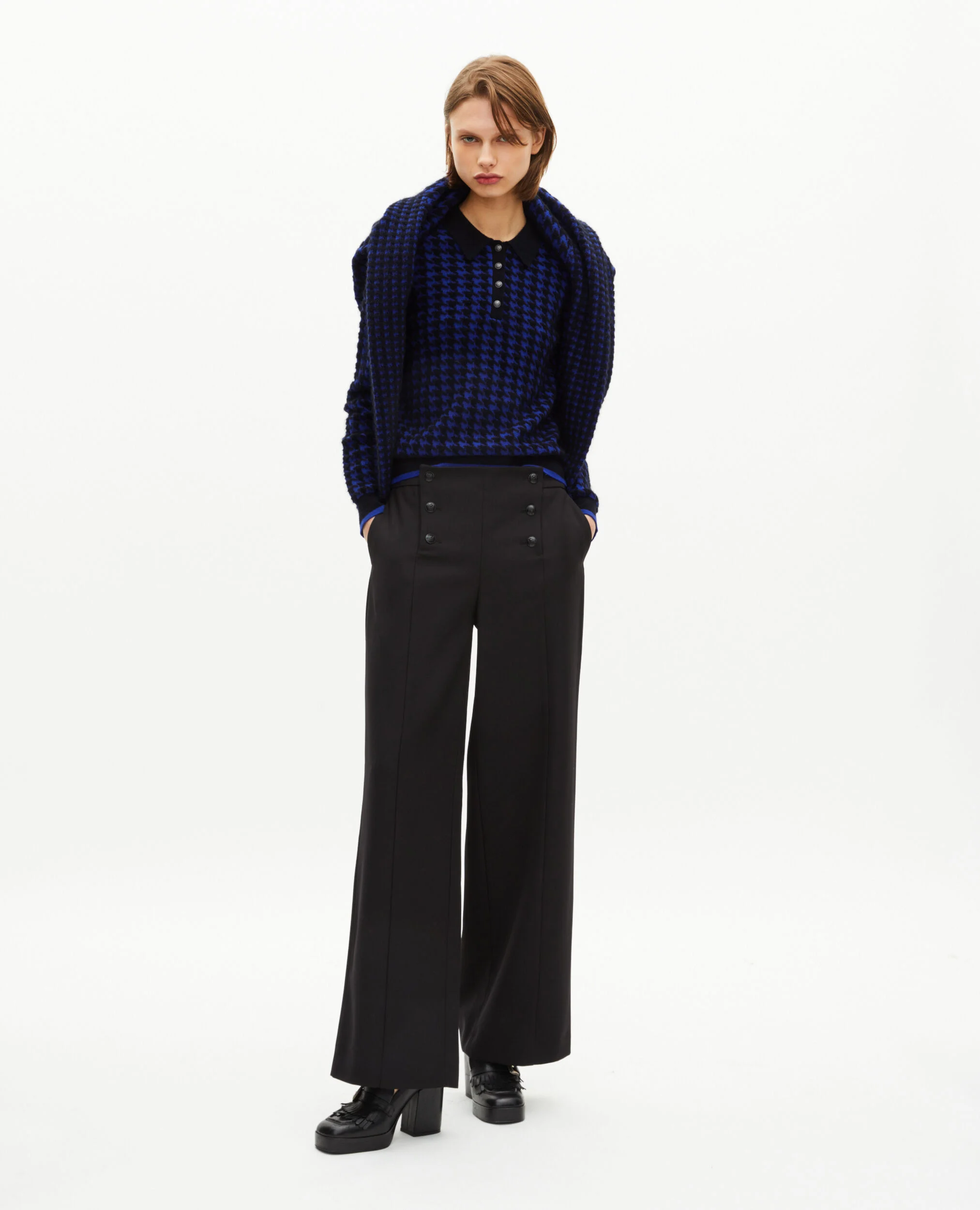 Pull col polo en pied de poule en laine mélangée bleu