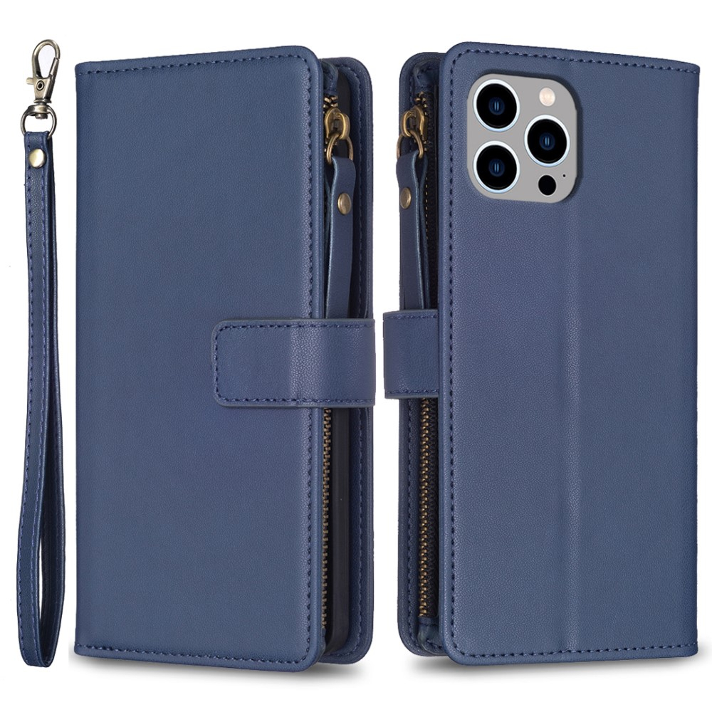iPhone 15 Pro Max Leder Wallet Etui Tasche mit 9 Kartenfächern   Münzfach - Dunkelblau