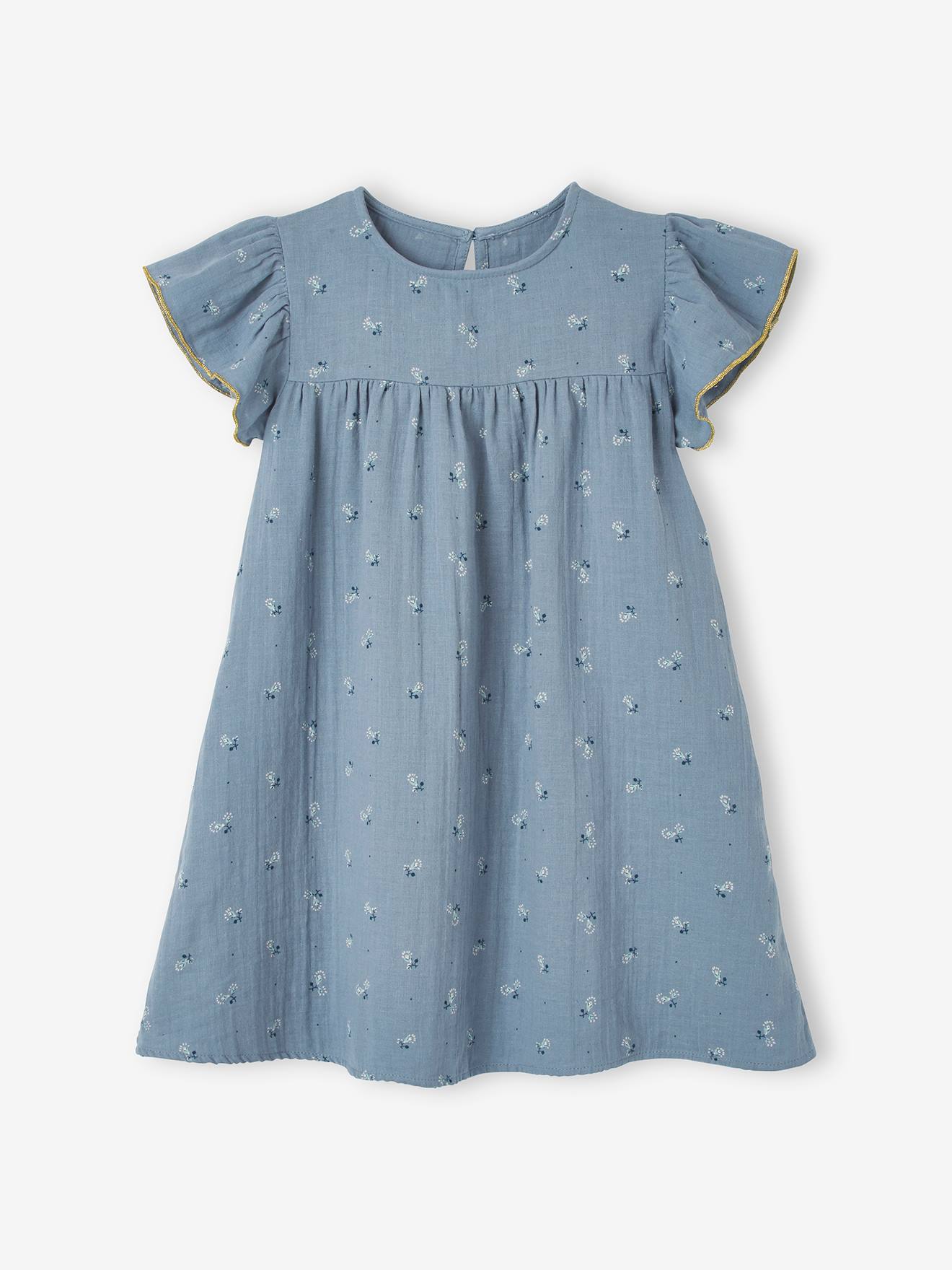 Vestido infantil de chiffon de algodão estampado com mangas borboleta, na cor verde-água.