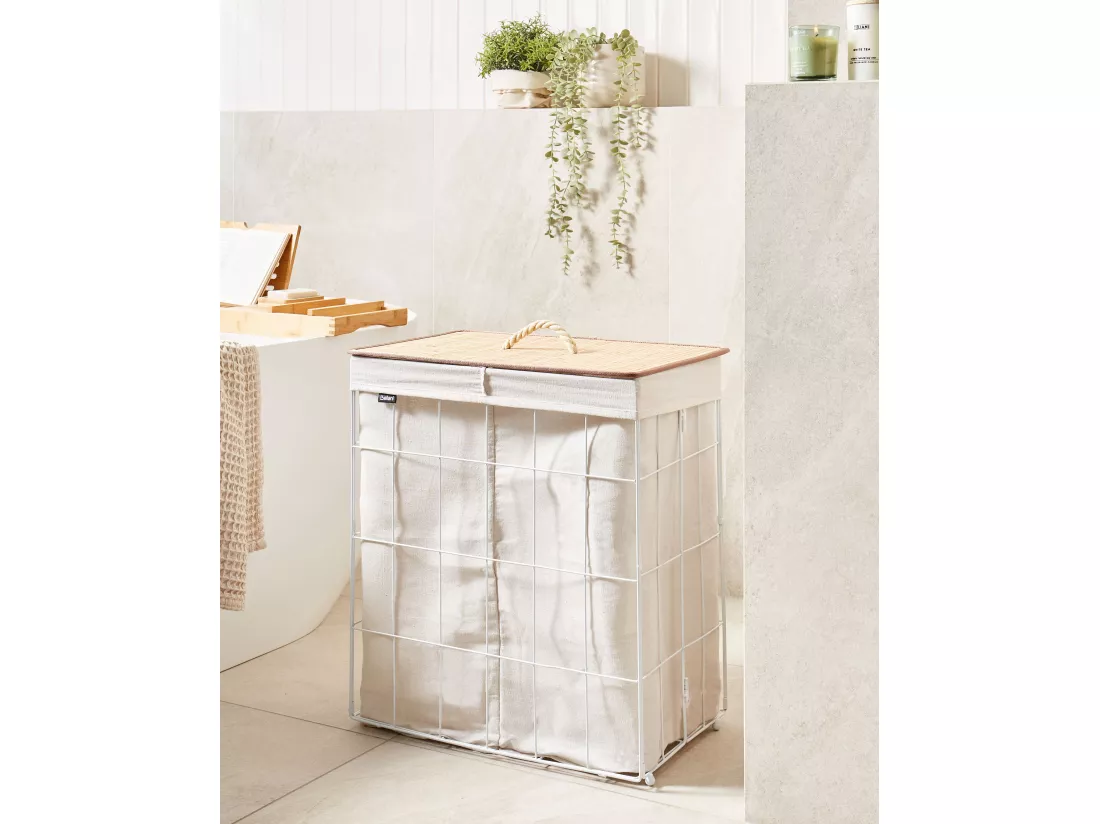 Panier en métal avec couvercle en bambou blanc MIRISSA