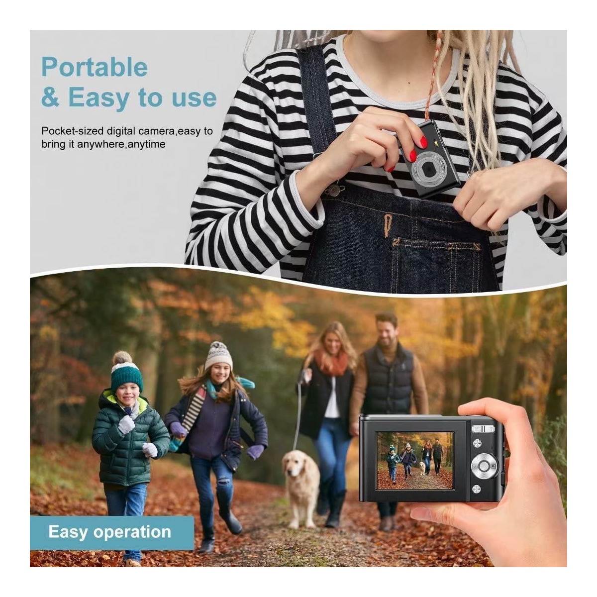 Digitalkamera med 48 MP, HD 1080p og 16x forstørring med 32GB minnekort Blå