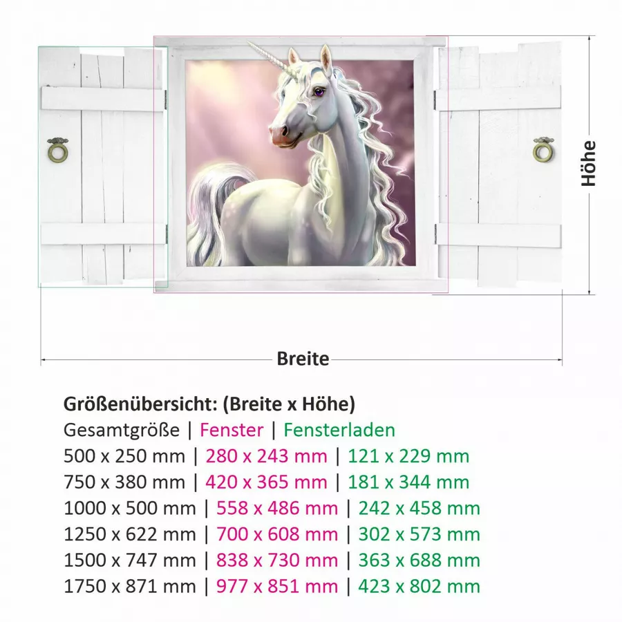Nikima Wandtattoo 211 Einhorn im Fenster mit weißen Fensterläden in 6 vers. Größen lila