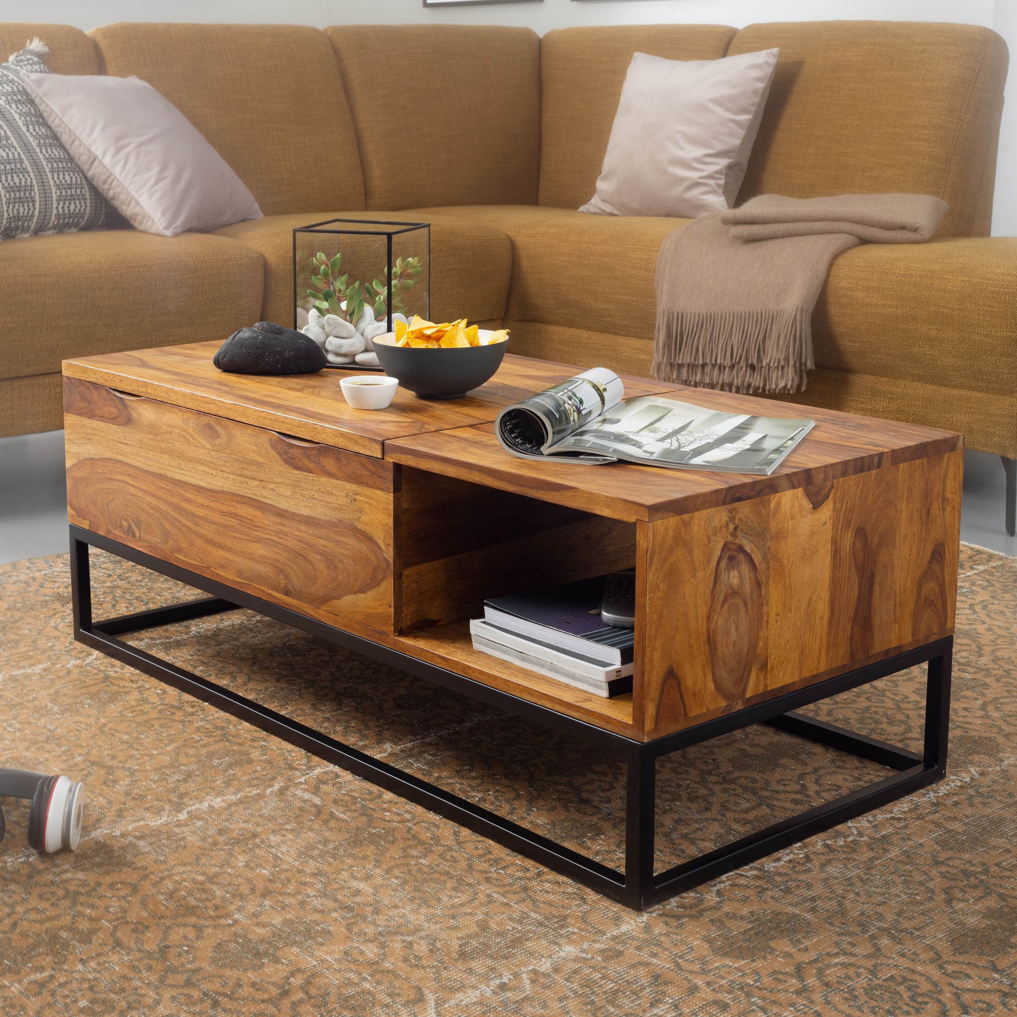 FineBuy Couchtisch 110 x 50cm Tisch Wohnzimmertisch Braun Holz Sofatisch Massiv