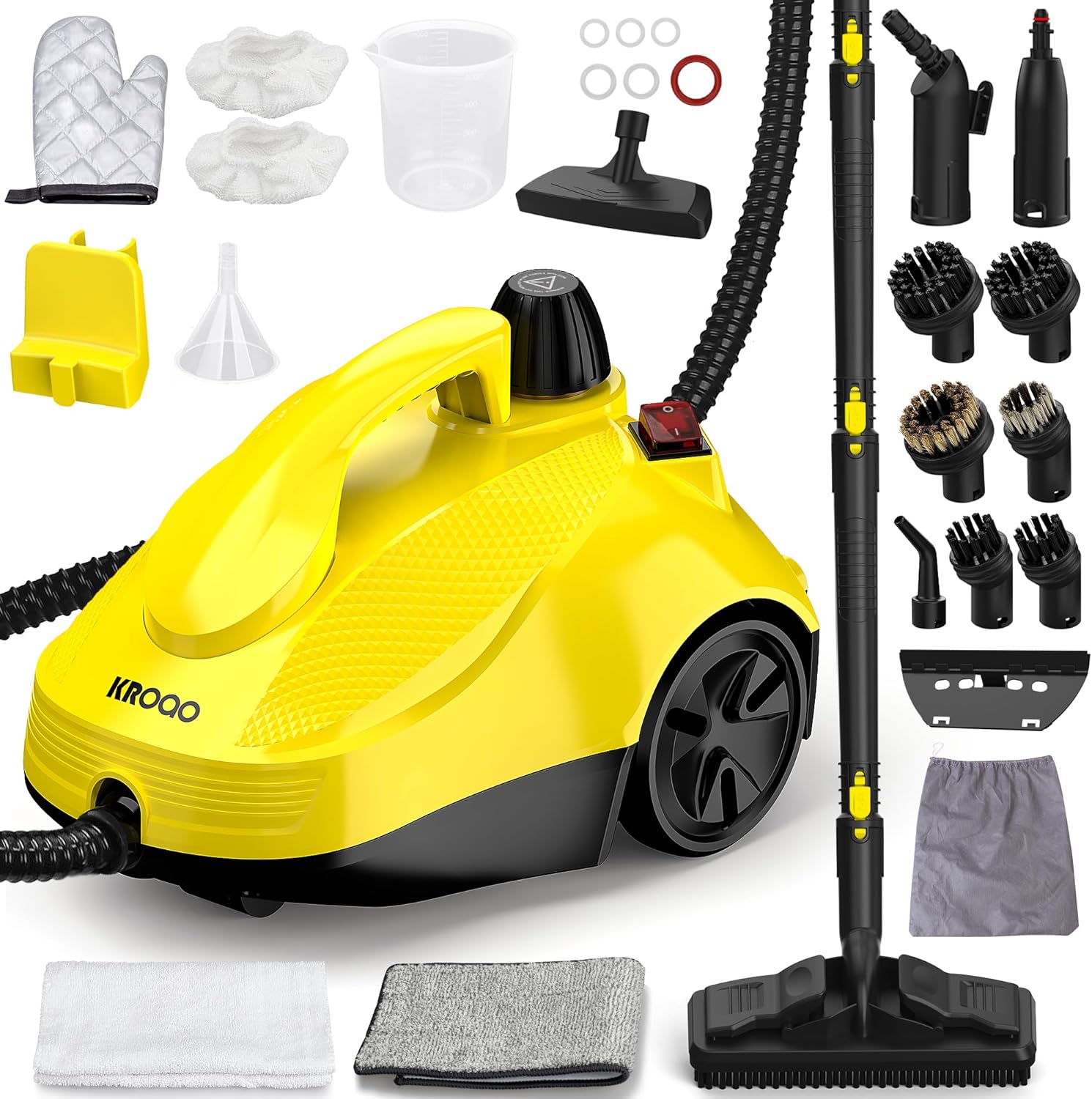 Dampfreiniger, fünf Meter langes Netzkabel, geeignet für die Reinigung von Backöfen, Sofas, Polstermöbeln und Spielzeug, mit 23 Zubehörteilen für eine effektive Fleckenentfernung.