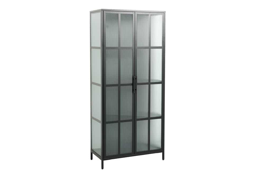 Industrial Vitrine DURA STEEL 180cm schwarz Metall Riffelglas Highboard