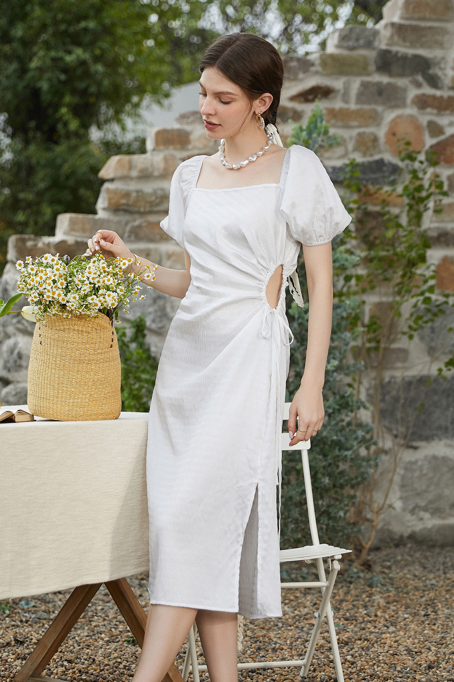 Robe maxi à manches bouffantes découpée ivoire