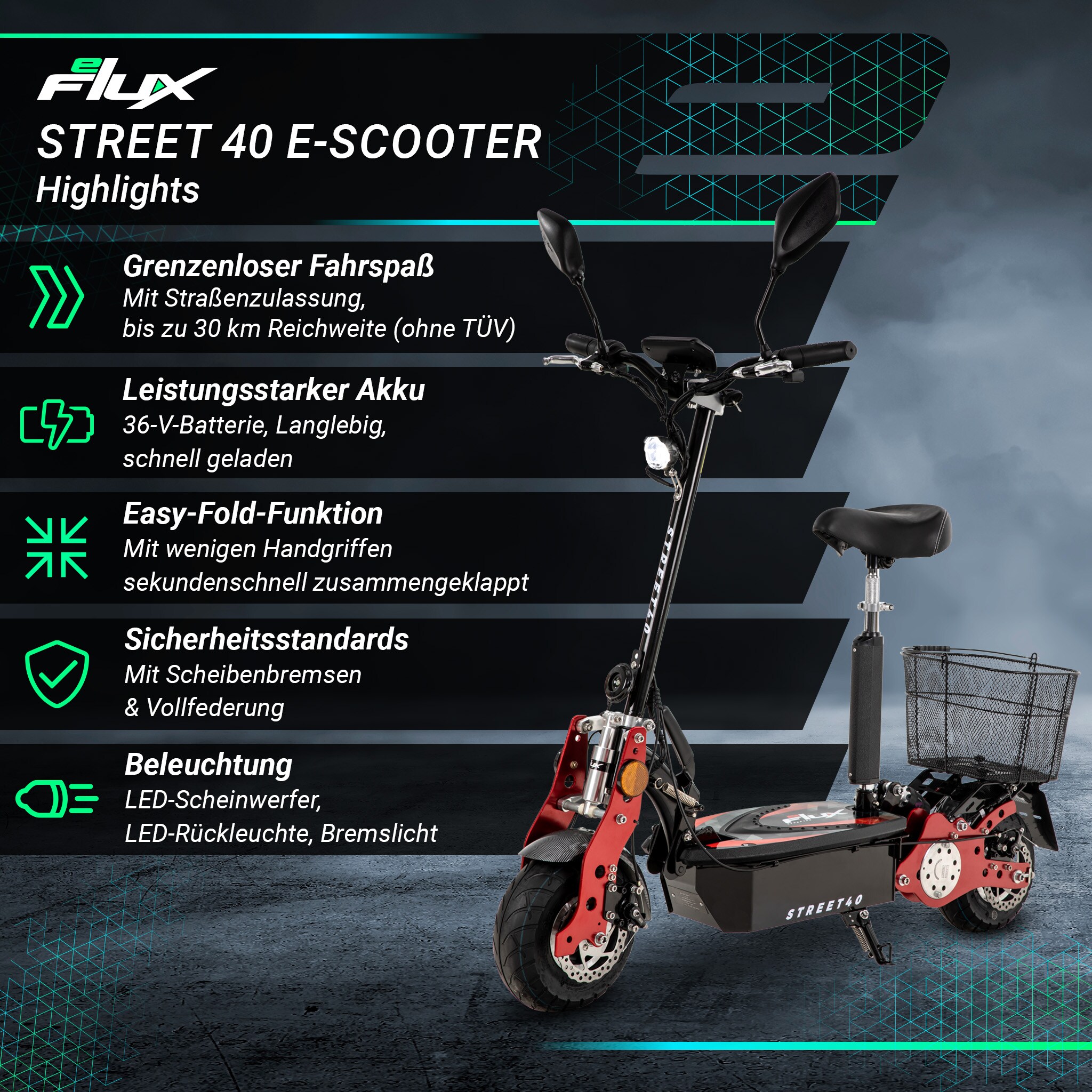 eFlux Street 40, E-Scooter mit Straßenzulassung, 35 km/h, 800 Watt, mit Sitz, Gepäck-Korb, klappbar (Schwarz)