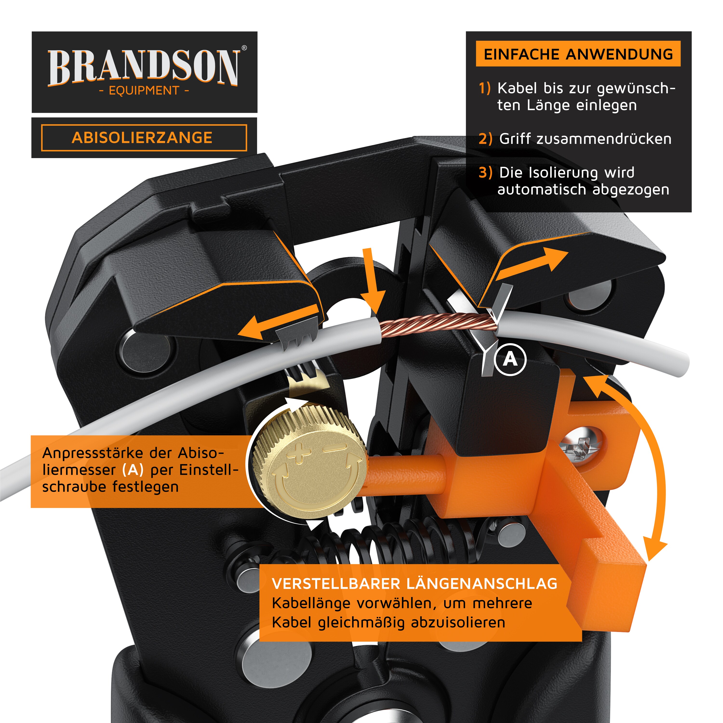 Brandson Abisolierzange selbsteinstellend - 10-24 AWG - Kabelschneider zum Abisolieren für Kabeldurchmesser von 0.2 - 6mm² - Crimpzange Crimpen