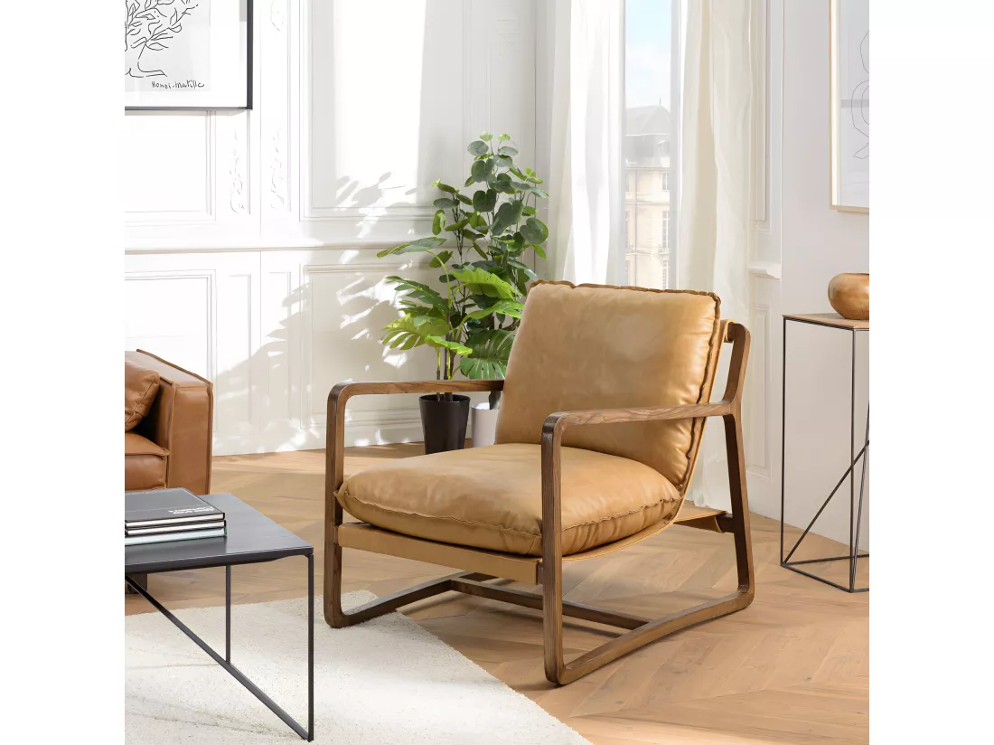 GASTON - Fauteuil incliné vintage cuir marron cognac, structure en bois
