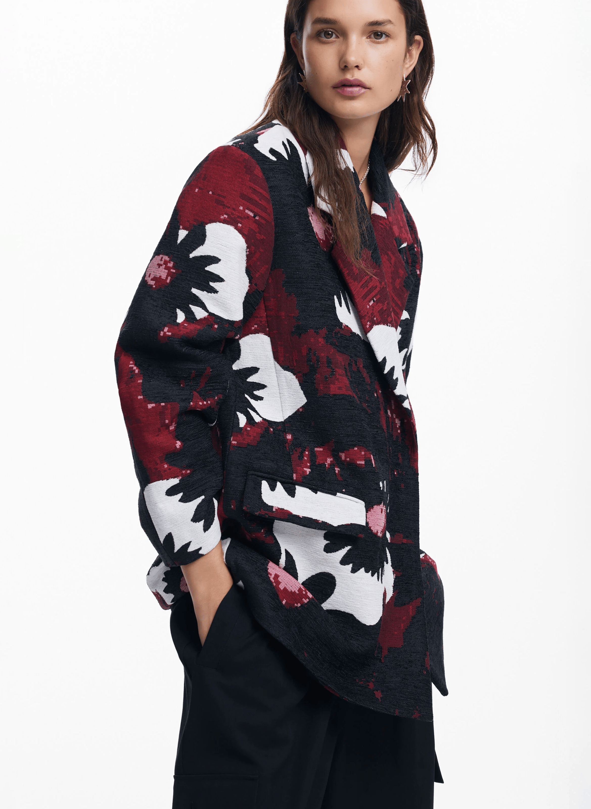 Manteau ample imprimé en coton mélangé | Rouge
