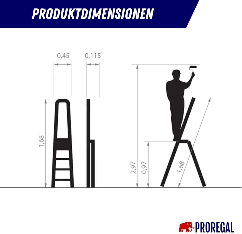 PROREGAL Economy Basic Trapladder, eenzijdig toegankelijk, 5 treden, werkhoogte 2,97 m, draagvermogen 125 kg