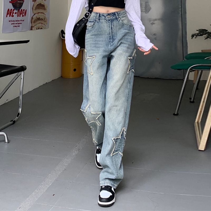 Sosana - Low Rise Star Applique Straight-Fit Jeans
