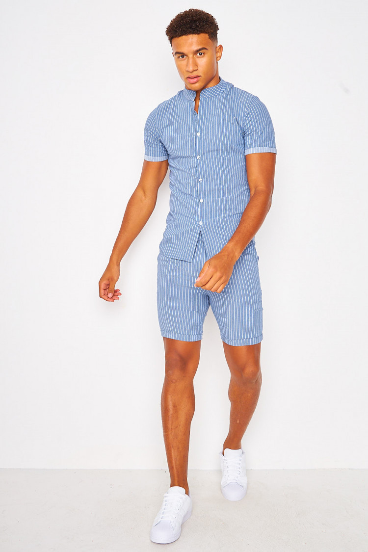 Chemise rayée bleue col officier
