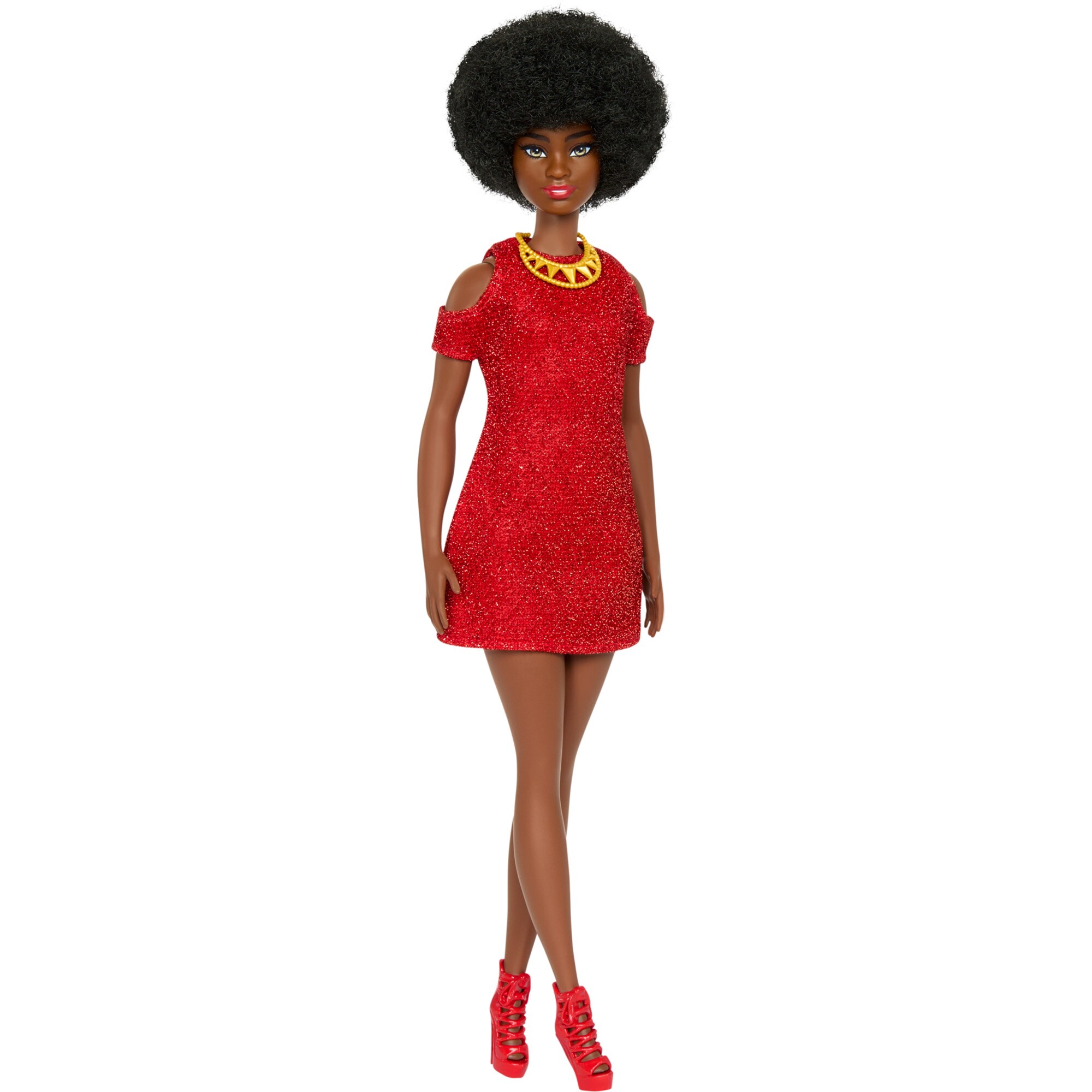 Mattel Puppe Barbie Fashionistas-Puppe - Black Barbie mit rotem Strickkleid