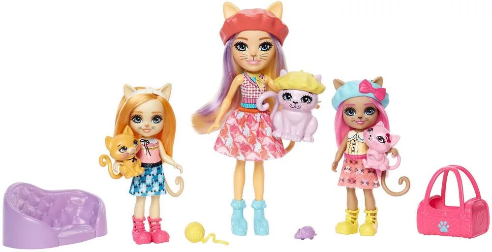 ENCHANTIMALS-COFFRET LA FAMILLE DE CARMEL CHAT AVEC 3 POUPEES, 3 FIGURINES DE CHATS ET ACCESSOIRES, PLUS DE 10 ÉLÉMENTS