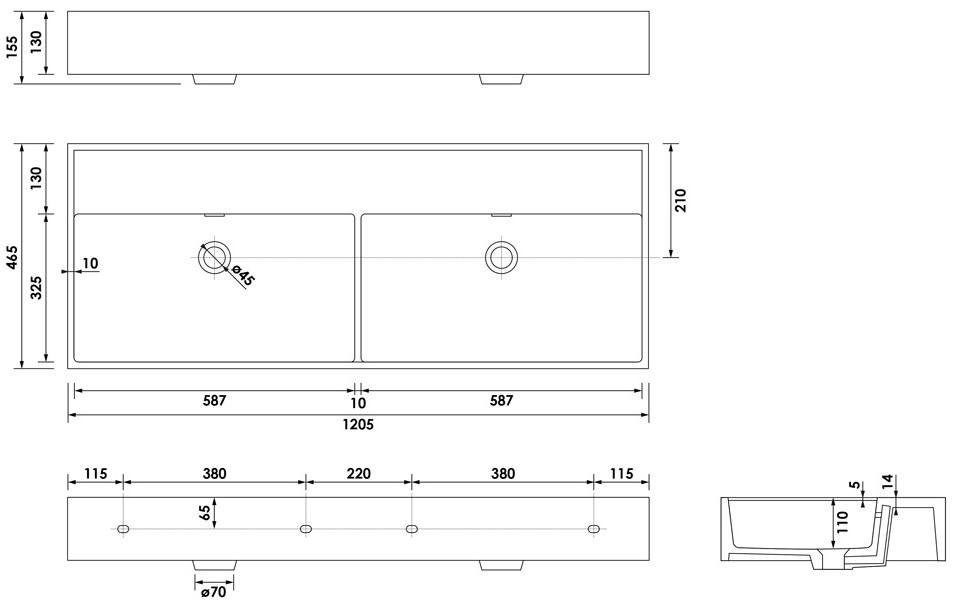 Brauer Lunar dubbele wastafel keramiek 120cm zonder kraangaten wit glans