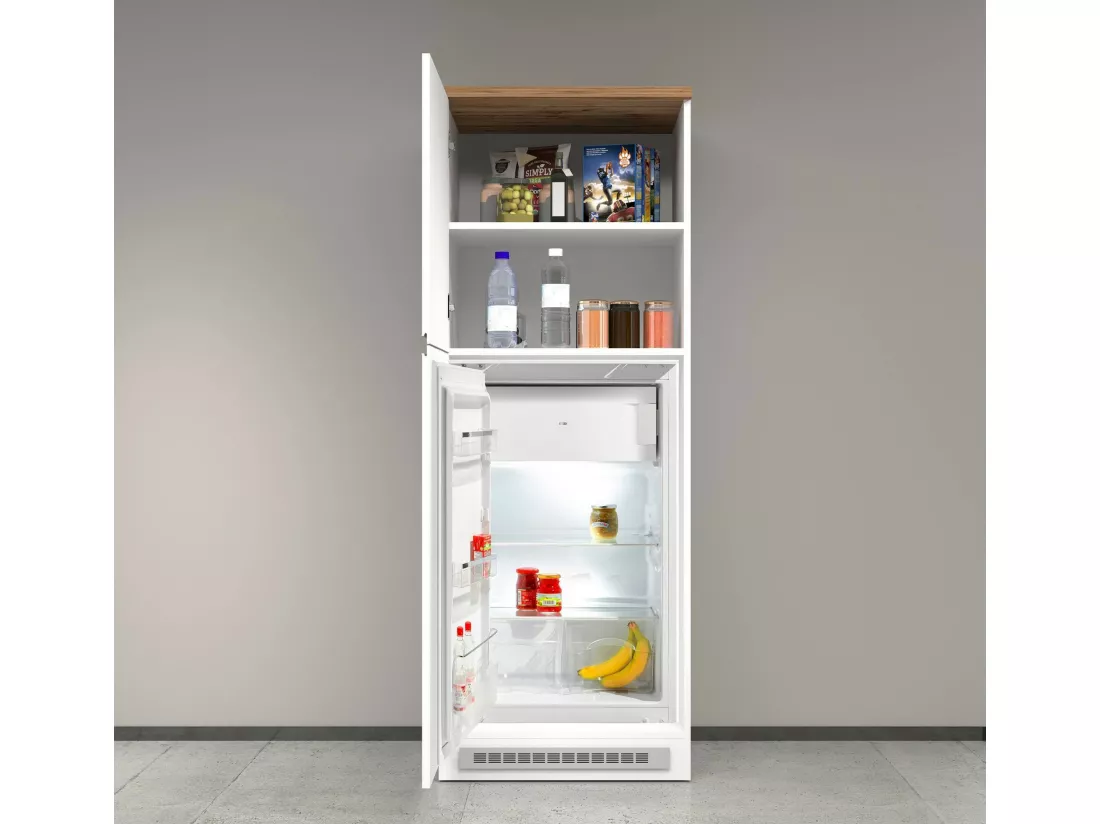 Buffet de Cuisine Dcasasol, Armoire polyvalente, Meuble de kitchenette, Support réfrigérateur multifonctionnel, 100% Made in Italy, 60x60h165 cm, Blanc brillant et chêne