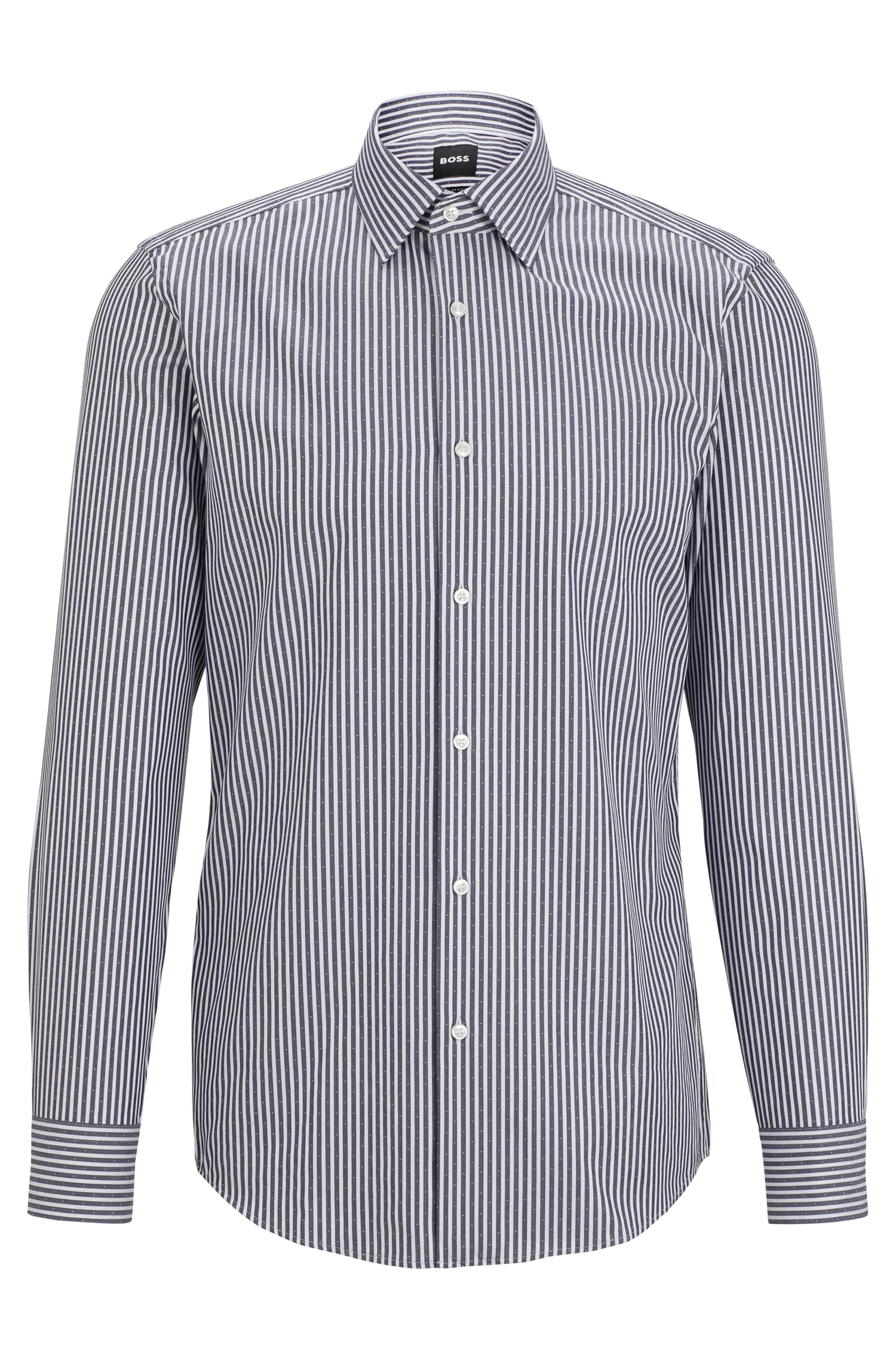 Camisa BOSS preta de corte slim, em mistura de algodão orgânico com listras.