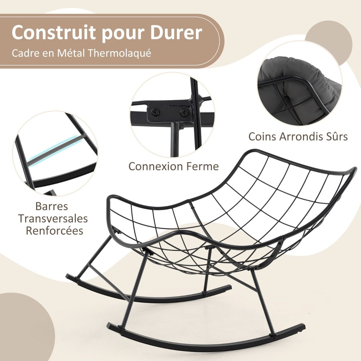 Chaise à Bascule d'Intérieur et d'Extérieur Chaise Papasan Surdimensionnée avec Coussin Rembourré & Cadre en Métal Capacité 205 Kg Gris - Lidl-Manfred