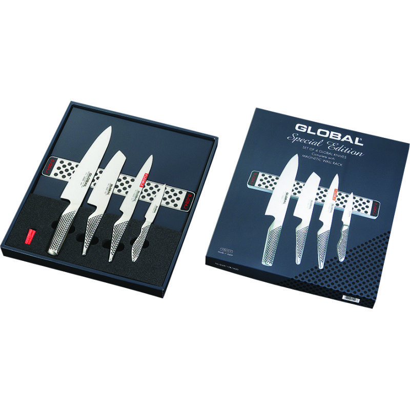 Set de 4 couteaux Global + barre magnétique inox