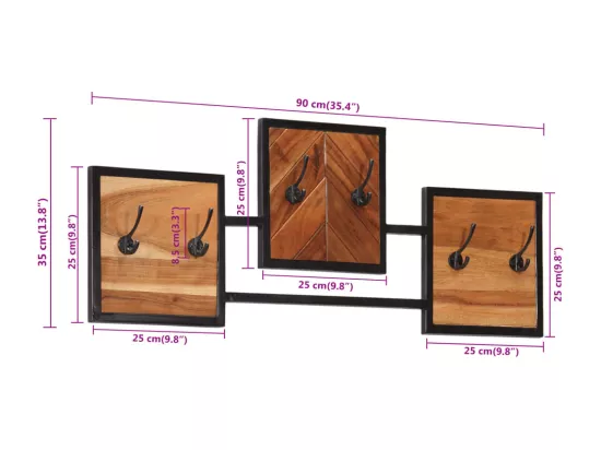Porte-manteau mural 90x1x35 cm bois massif d'acacia et fer