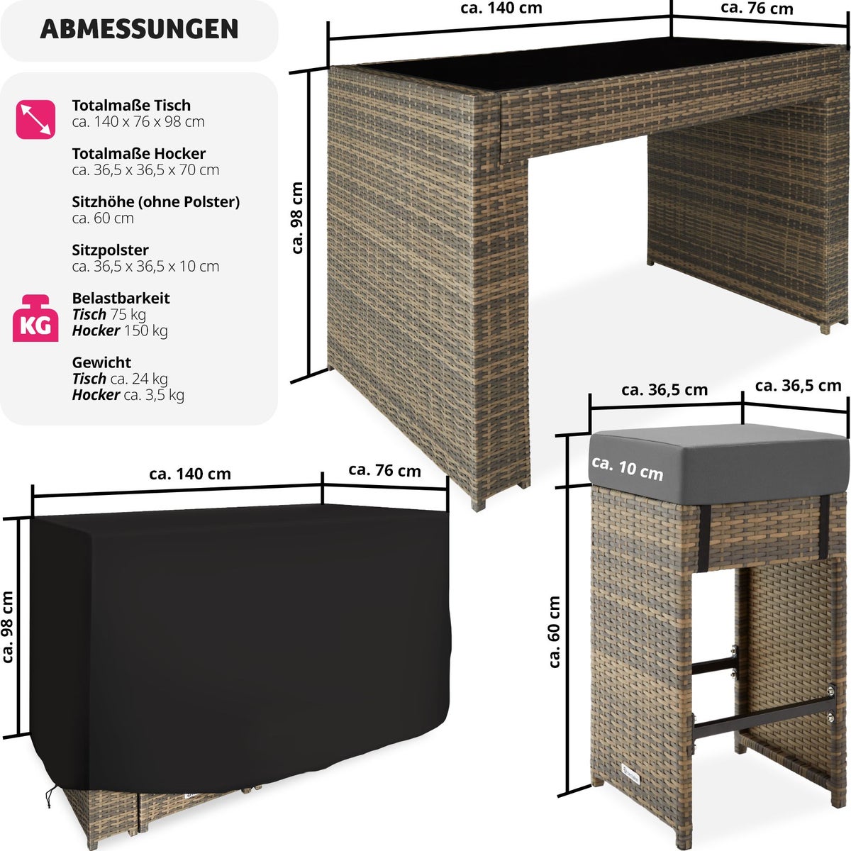 Rotan barset tectake Ibiza met aluminium frame, 2 afdeksets