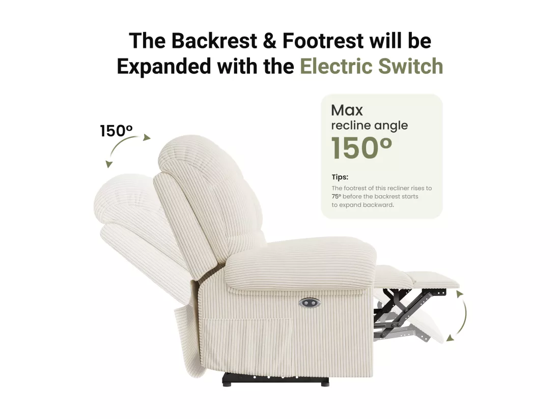 Fauteuil Relax Fauteuil électrique en Velours Côtelé,Fauteuil à loisirs Réglable avec USB,Dossier Réglable,Anti-statique avec Repose Pieds - 96x97x104cm Beige