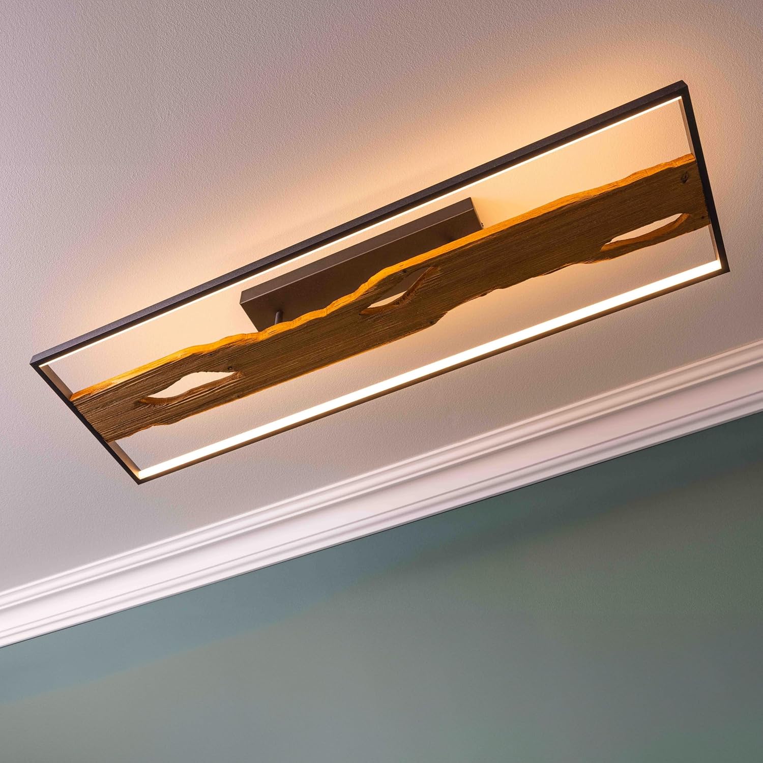 Lightbox LED Deckenlampe im Landhaus Stil | dimmbare Deckenleuchte für Wohnzimmer oder Schlafzimmer in warm-weiß mit 3000 K, 6600 Lumen | aus Aluminium/Metall/Holz in Schwarz/Braun