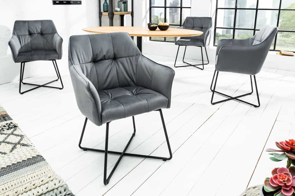 Exklusiver Design Stuhl LOFT Samt silbergrau mit Armlehne