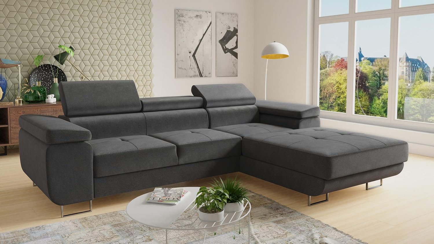 Sofnet Ecksofa Divo mit Schlaffunktion, Bettkasten und Kopfteilverstellung, Polsterecke, Wohnlandschaft, Sofagarnitur, Couch, Sofa, Federkern (Grau (Kronos 22), Ecksofa Rechts)