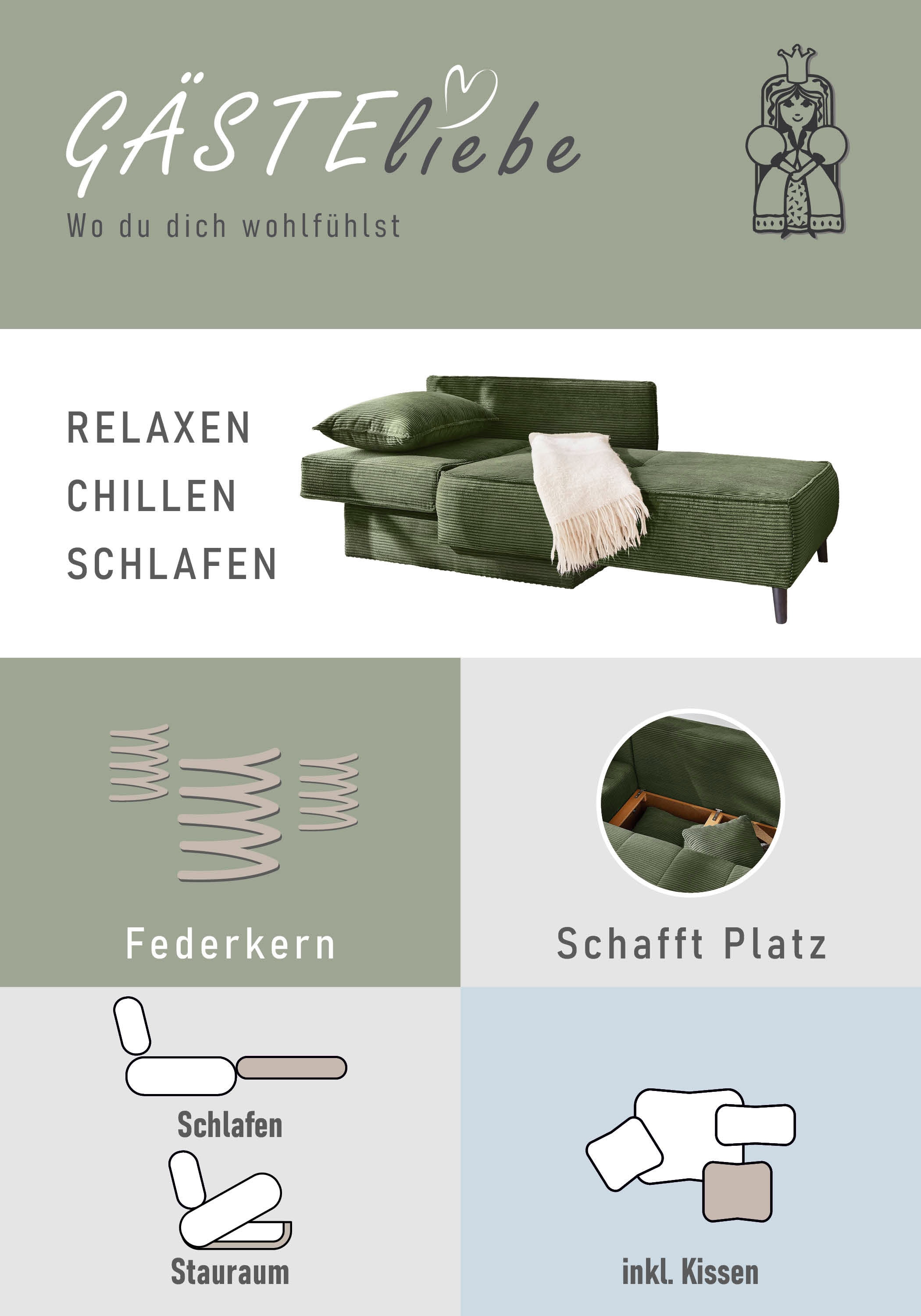 Jockenhöfer Gruppe Recamiere »Rex« mit Bettfunktion und Bettkasten, Federkernpolsterung