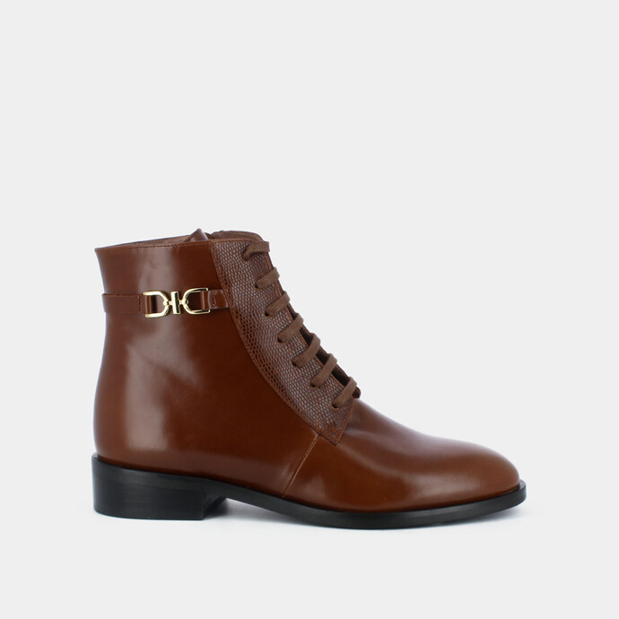 Bottines à boucles et lacets  en cuir et reptile cognac