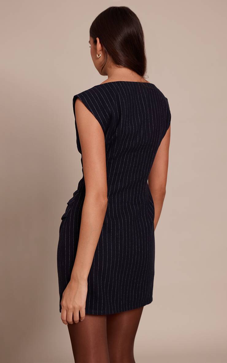 Bleu Marine Robe Moulante Froncée À Fines Rayures