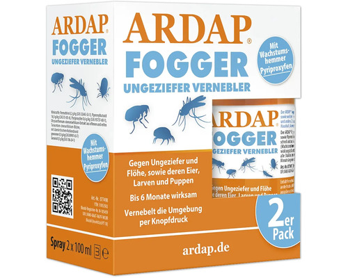 ARDAP Fogger insectenspray, 2-pack (2 x 100 ml), effectief tegen vliegen, tweevleugeligen en insecten zoals vlooien, teken, mijten, luizen, kakkerlakken, motten en spinnen, dekt 2 x 30 m², werkt direct en tot 6 maanden lang