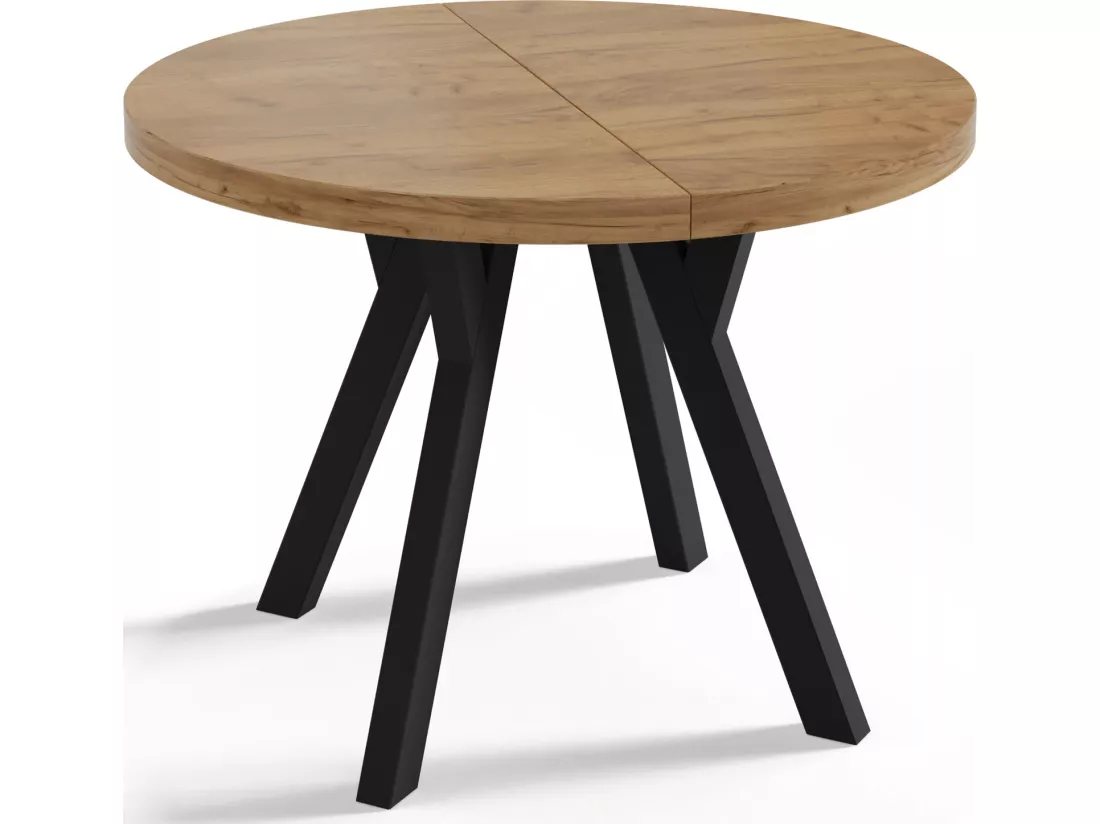Table à Manger Extensible Ronde Designer - Style Loft, Industriel, Peu Encombrant - Pieds Noirs - 100 à 200 Cm - Pour 5-10 Personnes - Fabriqué En Ue - Chêne Wotan
