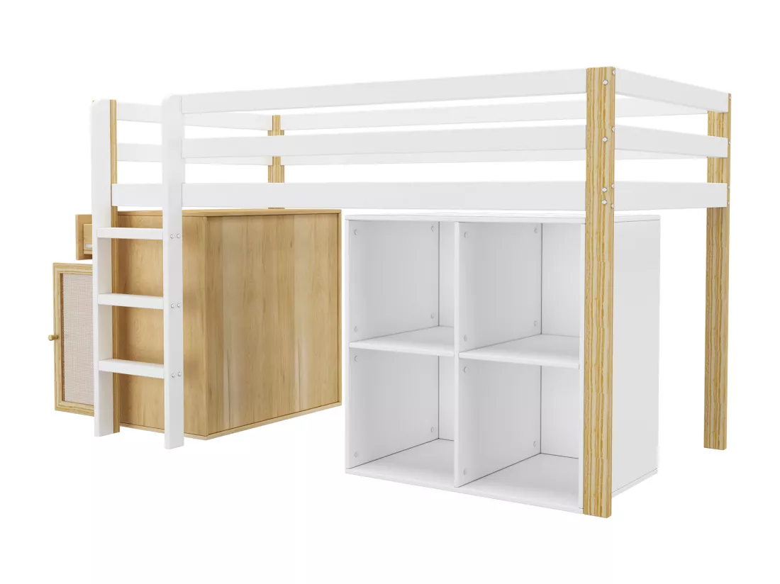Lit enfant, lit enfant simple avec 2 casiers et échelle, sans matelas, 90 x 200 cm, blanc