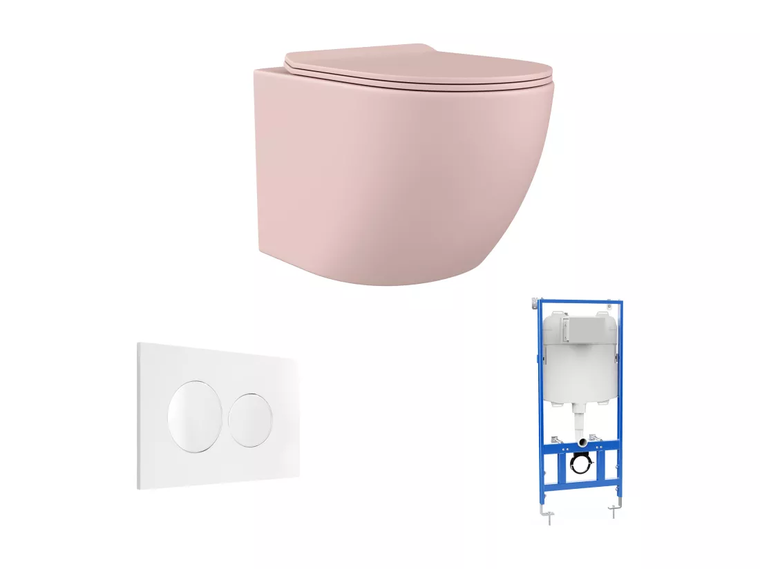 Pack WC suspendu rose mat avec bâti-support et plaque de déclenchement - JAVOINE