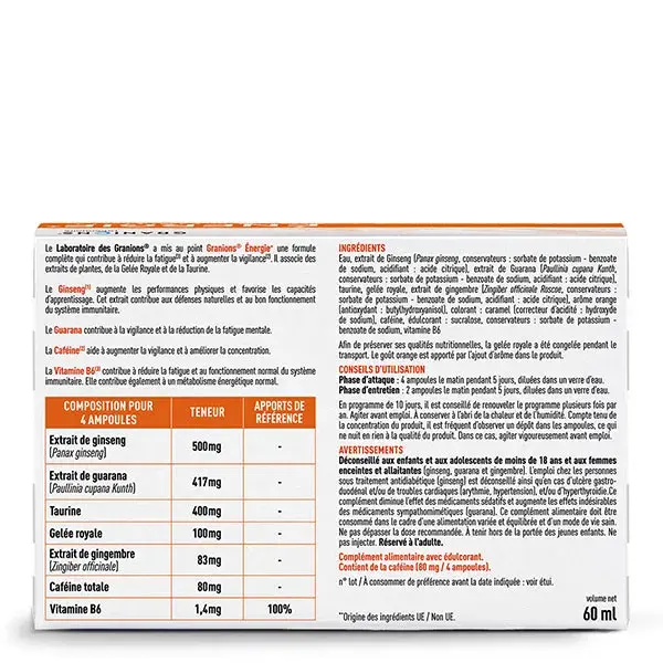 GRANIONS Energie Physique et Mentale - Vitamines - Gelée Royale - Ginseng